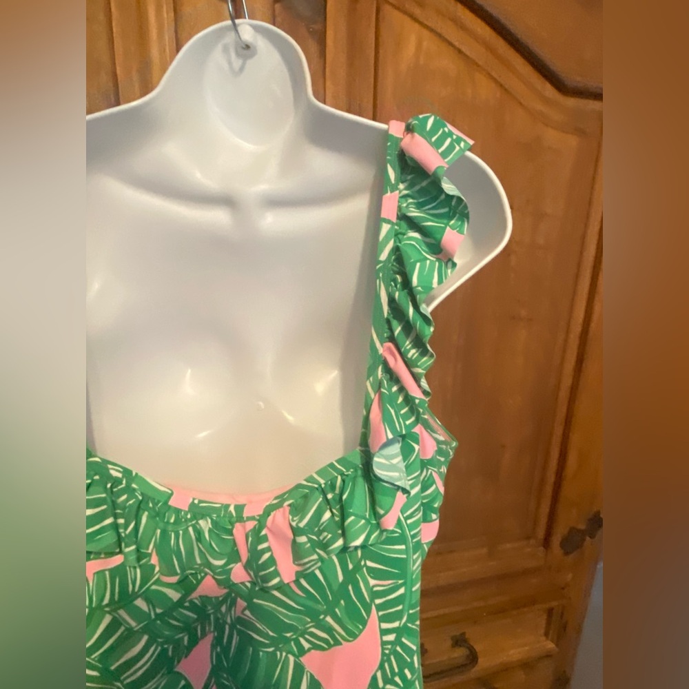 Lilly Pulitzer Green Palm Leaf One-Piece Swimsuit with Pink Accents - Picture 9 of 12